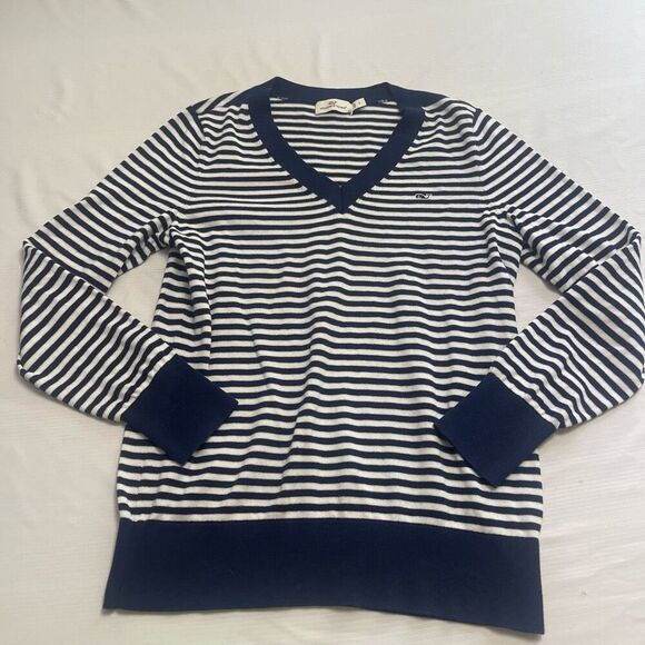 Vineyard Vines Sweaters - Vineyard Vines Heritage Stripe Women’s Blue White V Neck Sweater Size Small